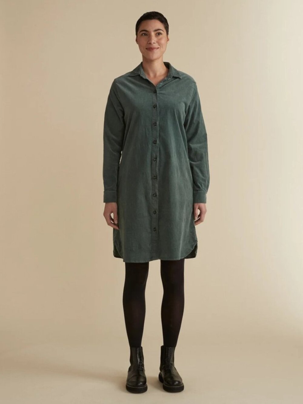 Cut Loose Green Long Sleeve Button Through Micro Corduroy Shirt Dress sz S